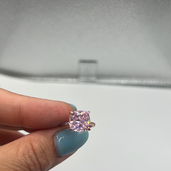 Diamond Under Halo Ring with 5 Carat Cushion Cut‎ Morganite Engagement Ring - Picture 15 of 17